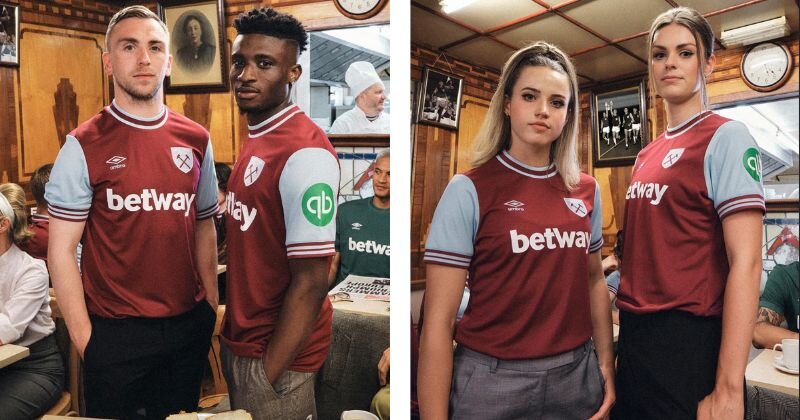 West Ham United home kit, with maroon base and light blue sleeves